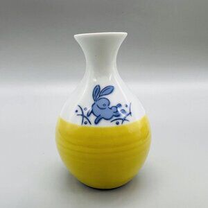 Vintage Japanese Pottery Sake Carafe Bottle Bunny Blue Yellow Blemish Free